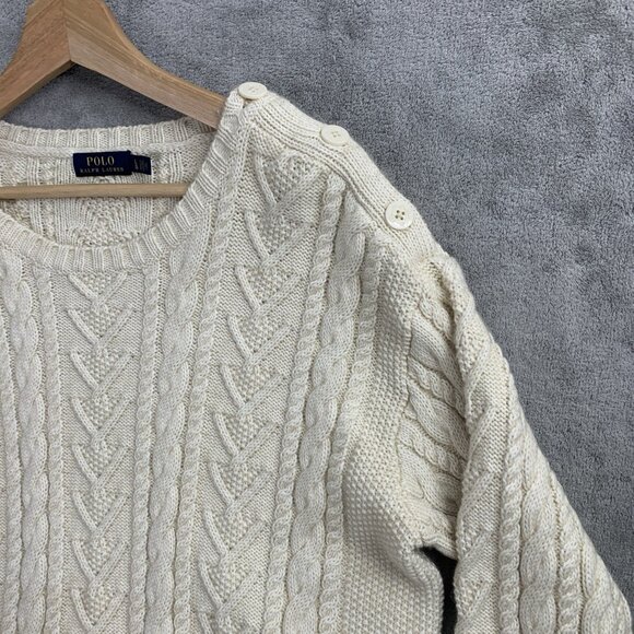 Polo Ralph Lauren Sweater Women's Large Beige Chunky Fisherman Knit Preppy - Picture 5 of 11